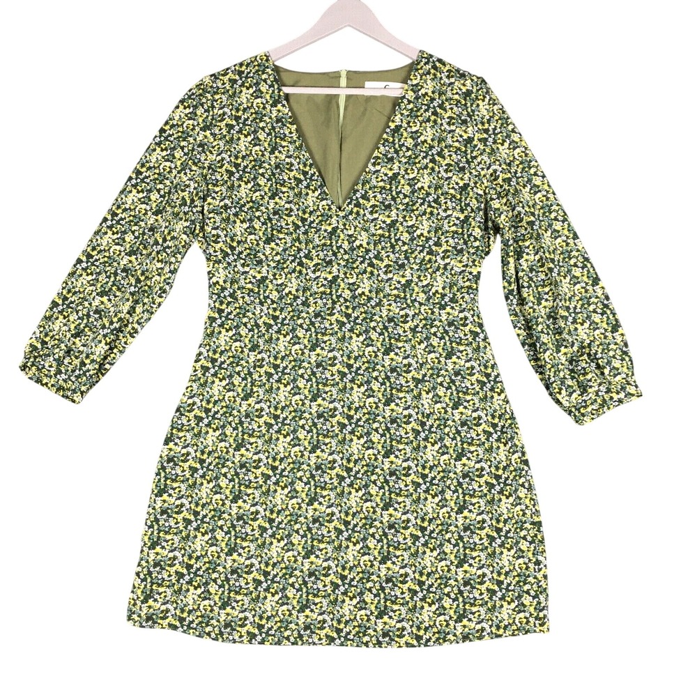 Commense Green Floral Mini Dress Women's XL Lined Cottagecore Romantic Peasant